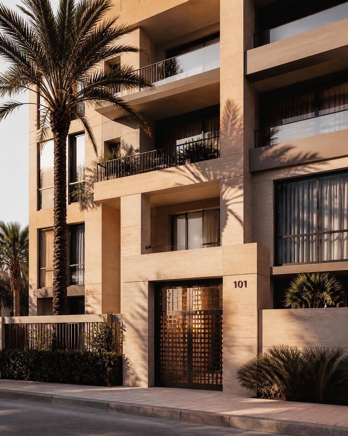 واجهة مبنى سكني فاخر حديث بالحجر والزجاج في القاهرة